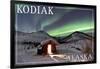 Kodiak, Alaska - Northern Lights and Cabin-Lantern Press-Framed Art Print