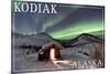 Kodiak, Alaska - Northern Lights and Cabin-Lantern Press-Mounted Premium Giclee Print