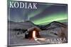 Kodiak, Alaska - Northern Lights and Cabin-Lantern Press-Mounted Art Print