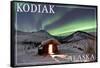 Kodiak, Alaska - Northern Lights and Cabin-Lantern Press-Framed Stretched Canvas