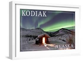 Kodiak, Alaska - Northern Lights and Cabin-Lantern Press-Framed Art Print