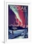 Kodiak, Alaska - Northern Lights and Cabin-Lantern Press-Framed Art Print