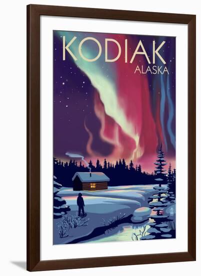 Kodiak, Alaska - Northern Lights and Cabin-Lantern Press-Framed Art Print