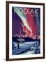 Kodiak, Alaska - Northern Lights and Cabin-Lantern Press-Framed Art Print