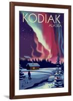 Kodiak, Alaska - Northern Lights and Cabin-Lantern Press-Framed Art Print