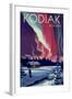 Kodiak, Alaska - Northern Lights and Cabin-Lantern Press-Framed Art Print