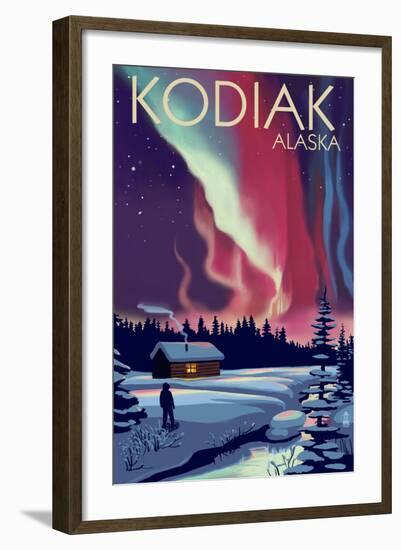 Kodiak, Alaska - Northern Lights and Cabin-Lantern Press-Framed Art Print