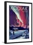 Kodiak, Alaska - Northern Lights and Cabin-Lantern Press-Framed Art Print