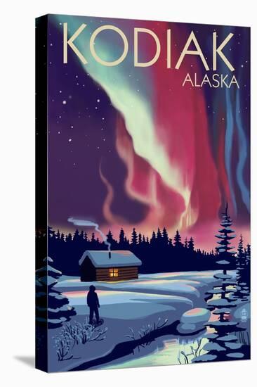 Kodiak, Alaska - Northern Lights and Cabin-Lantern Press-Stretched Canvas