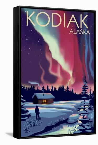 Kodiak, Alaska - Northern Lights and Cabin-Lantern Press-Framed Stretched Canvas