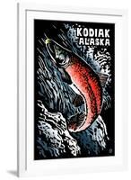 Kodiak, Alaska - Salmon Scratchboard-Lantern Press-Framed Art Print