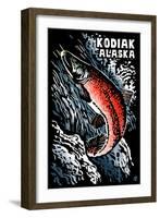 Kodiak, Alaska - Salmon Scratchboard-Lantern Press-Framed Art Print