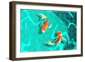 Koi Carp Japanese Symbol of Luck Fortune Prosperity Retro Cartoon Fishes in Water Poster Vector Ill-Macrovector-Framed Art Print