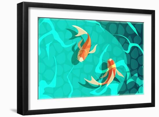 Koi Carp Japanese Symbol of Luck Fortune Prosperity Retro Cartoon Fishes in Water Poster Vector Ill-Macrovector-Framed Art Print