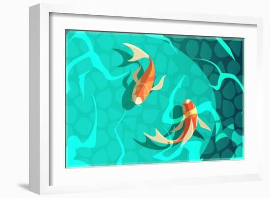 Koi Carp Japanese Symbol of Luck Fortune Prosperity Retro Cartoon Fishes in Water Poster Vector Ill-Macrovector-Framed Art Print