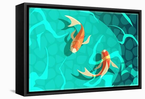 Koi Carp Japanese Symbol of Luck Fortune Prosperity Retro Cartoon Fishes in Water Poster Vector Ill-Macrovector-Framed Stretched Canvas