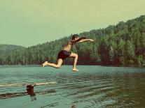 Boy Jumping in Lake at Summer Vacations - Vintage Retro Style-Kokhanchikov-Framed Stretched Canvas