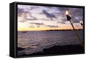 Kona, Hawaii, Big Island, Tiki Torch over Ocean at Kailua-Kona Beach-Bill Bachmann-Framed Stretched Canvas