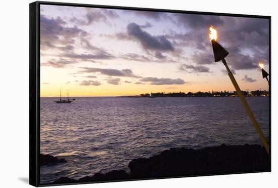 Kona, Hawaii, Big Island, Tiki Torch over Ocean at Kailua-Kona Beach-Bill Bachmann-Framed Stretched Canvas