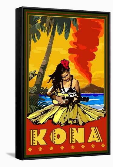 Kona, Hawaii - Hula Girl and Ukulele-Lantern Press-Framed Stretched Canvas