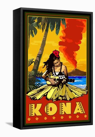 Kona, Hawaii - Hula Girl and Ukulele-Lantern Press-Framed Stretched Canvas