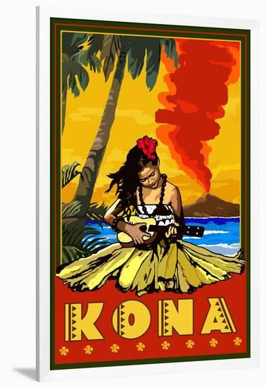 Kona, Hawaii - Hula Girl and Ukulele-Lantern Press-Framed Art Print