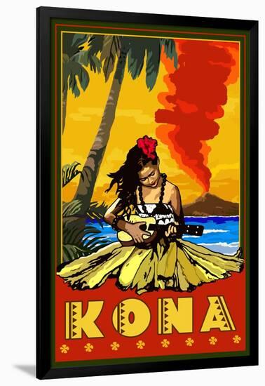 Kona, Hawaii - Hula Girl and Ukulele-Lantern Press-Framed Art Print