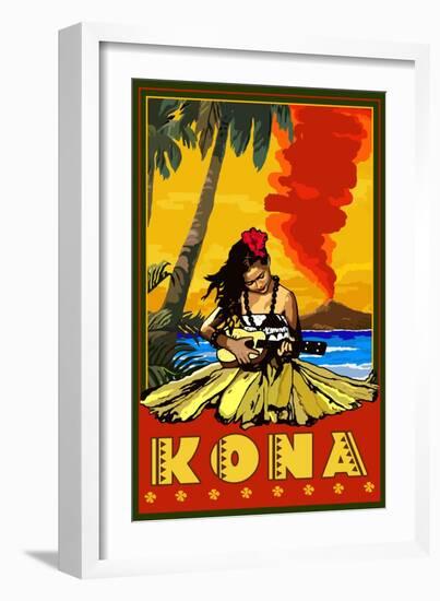 Kona, Hawaii - Hula Girl and Ukulele-Lantern Press-Framed Art Print