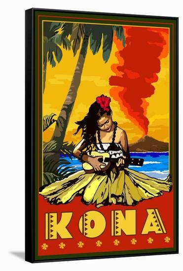 Kona, Hawaii - Hula Girl and Ukulele-Lantern Press-Framed Stretched Canvas