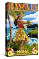 Kona, Hawaii - Hula Girl on Coast-Lantern Press-Stretched Canvas