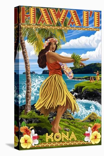 Kona, Hawaii - Hula Girl on Coast-Lantern Press-Stretched Canvas