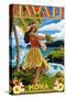 Kona, Hawaii - Hula Girl on Coast-Lantern Press-Stretched Canvas