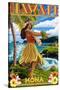 Kona, Hawaii - Hula Girl on Coast-Lantern Press-Stretched Canvas