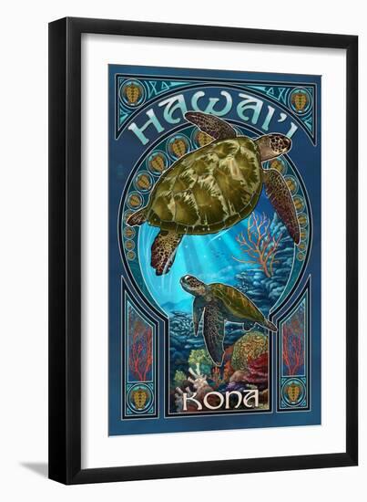 Kona, Hawaii - Sea Turtle Art Nouveau-Lantern Press-Framed Art Print