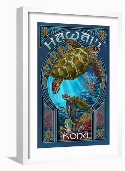 Kona, Hawaii - Sea Turtle Art Nouveau-Lantern Press-Framed Art Print