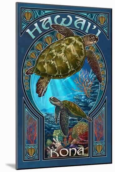 Kona, Hawaii - Sea Turtle Art Nouveau-Lantern Press-Mounted Art Print