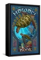 Kona, Hawaii - Sea Turtle Art Nouveau-Lantern Press-Framed Stretched Canvas