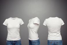 Front, Back And Side Views Of Blank Feminine T-Shirt Over Dark Background-konstantynov-Framed Stretched Canvas