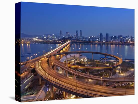 Korea, Seoul, Tukseom, Traffic on Cheongdam On-Ramp and Cheongdam Bridge, over Hangang Rvier-Jane Sweeney-Stretched Canvas