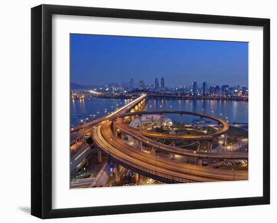 Korea, Seoul, Tukseom, Traffic on Cheongdam On-Ramp and Cheongdam Bridge, over Hangang Rvier-Jane Sweeney-Framed Photographic Print