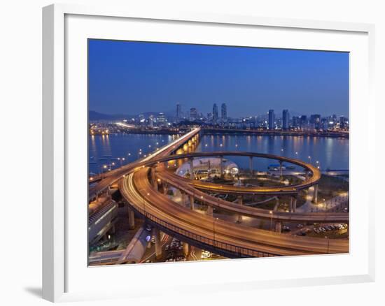 Korea, Seoul, Tukseom, Traffic on Cheongdam On-Ramp and Cheongdam Bridge, over Hangang Rvier-Jane Sweeney-Framed Photographic Print