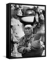 Korean Mother Nursing Her Baby, Carrying All Her Belongings in a Wash Basin, Retreating from Seoul-Carl Mydans-Framed Stretched Canvas