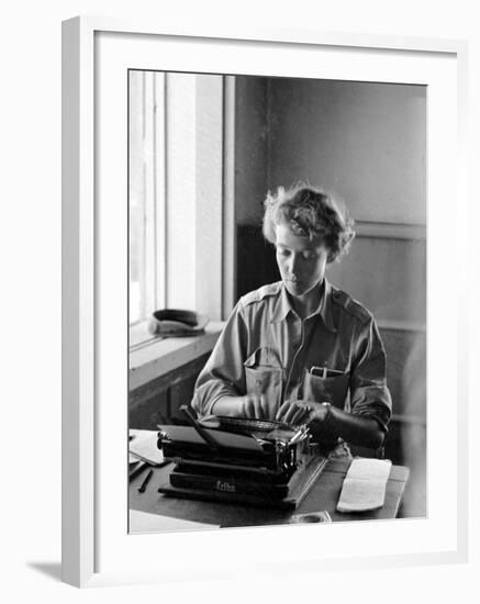 Korean War Correspondent Marguerite Higgins Typing Up a Story-Carl Mydans-Framed Photographic Print