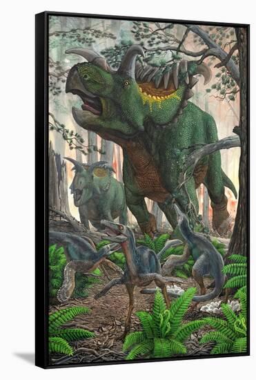 Kosmoceratops Tramples over Nesting Talos Dinosaurs While Fleeing from a Forest Fire-null-Framed Stretched Canvas
