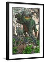 Kosmoceratops Tramples over Nesting Talos Dinosaurs While Fleeing from a Forest Fire-null-Framed Art Print