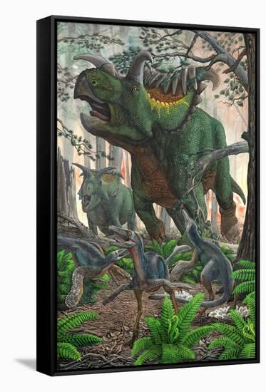 Kosmoceratops Tramples over Nesting Talos Dinosaurs While Fleeing from a Forest Fire-null-Framed Stretched Canvas