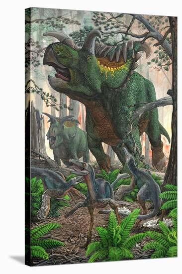 Kosmoceratops Tramples over Nesting Talos Dinosaurs While Fleeing from a Forest Fire-null-Stretched Canvas