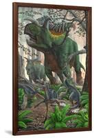 Kosmoceratops Tramples over Nesting Talos Dinosaurs While Fleeing from a Forest Fire-null-Framed Art Print