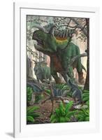 Kosmoceratops Tramples over Nesting Talos Dinosaurs While Fleeing from a Forest Fire-null-Framed Art Print