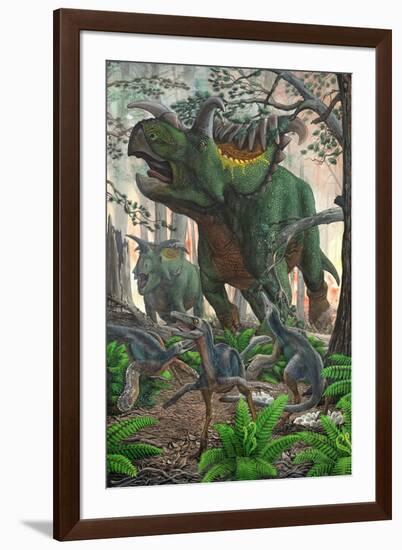 Kosmoceratops Tramples over Nesting Talos Dinosaurs While Fleeing from a Forest Fire-null-Framed Art Print